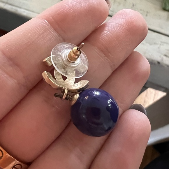 Blue Crystal Silver Cc Logo Stone Swarovski Dangle Drop Pearl Ball 07a Earrings - Picture 3 of 3